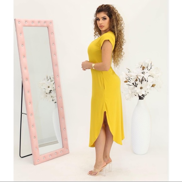 V-NECK TUNIC PLUS SIZE MAXI DRESS Mustard color - Picture 2 of 6